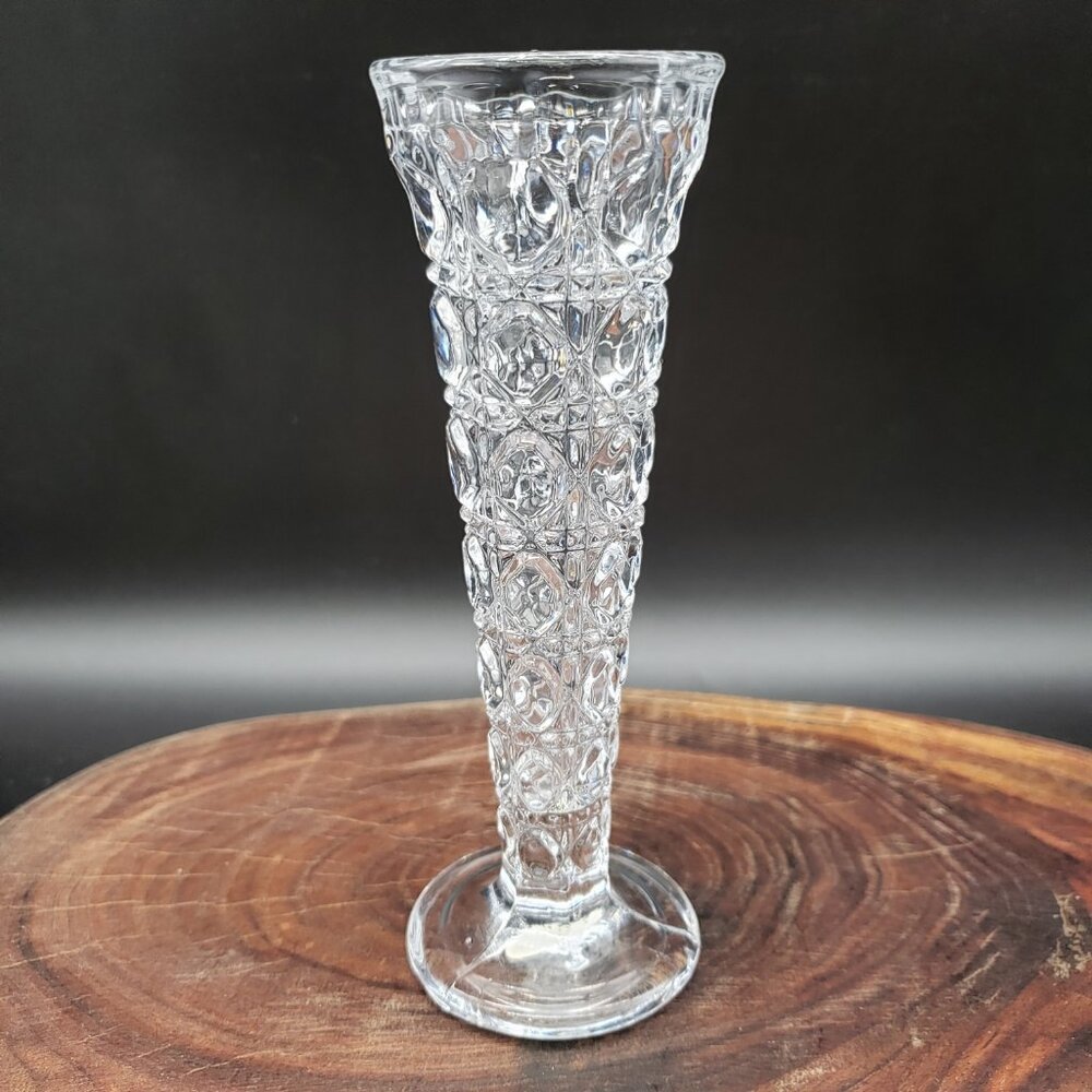 Federal Glass Windsor Clear Bud Vase 5 5/8" Pressed Diamond Pattern VTG USA